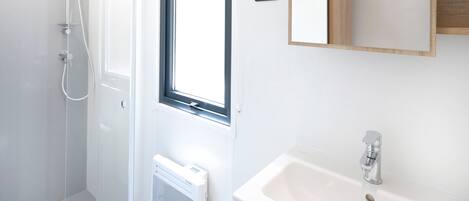 A modern bathroom with a shower, a sink, and a mirror.