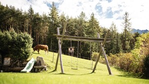 Ein grasbewachsenes Freigelände mit einer Holzwentilgruppe, einer Rutsche und einer Kuh im Hintergrund.