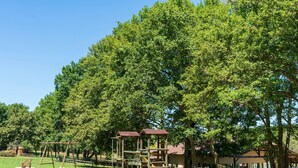 A playground with wooden structures and slides, surrounded by trees and a building with large windows.