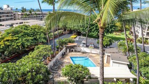 A pool area with a clear view of the ocean, surrounded by palm trees and a well-maintained garden. - Modern & Central Oceanview Vistas (Kihei)