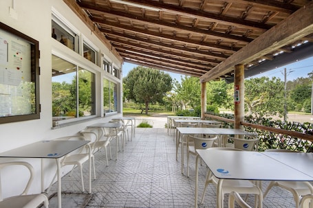 An outdoor cafe with tables and chairs, a wooden ceiling, and a view of trees and greenery.. Room 'Quarto 5 - Jorge Galinheiro' with Mountain View, Shared Garden and Wi-Fi