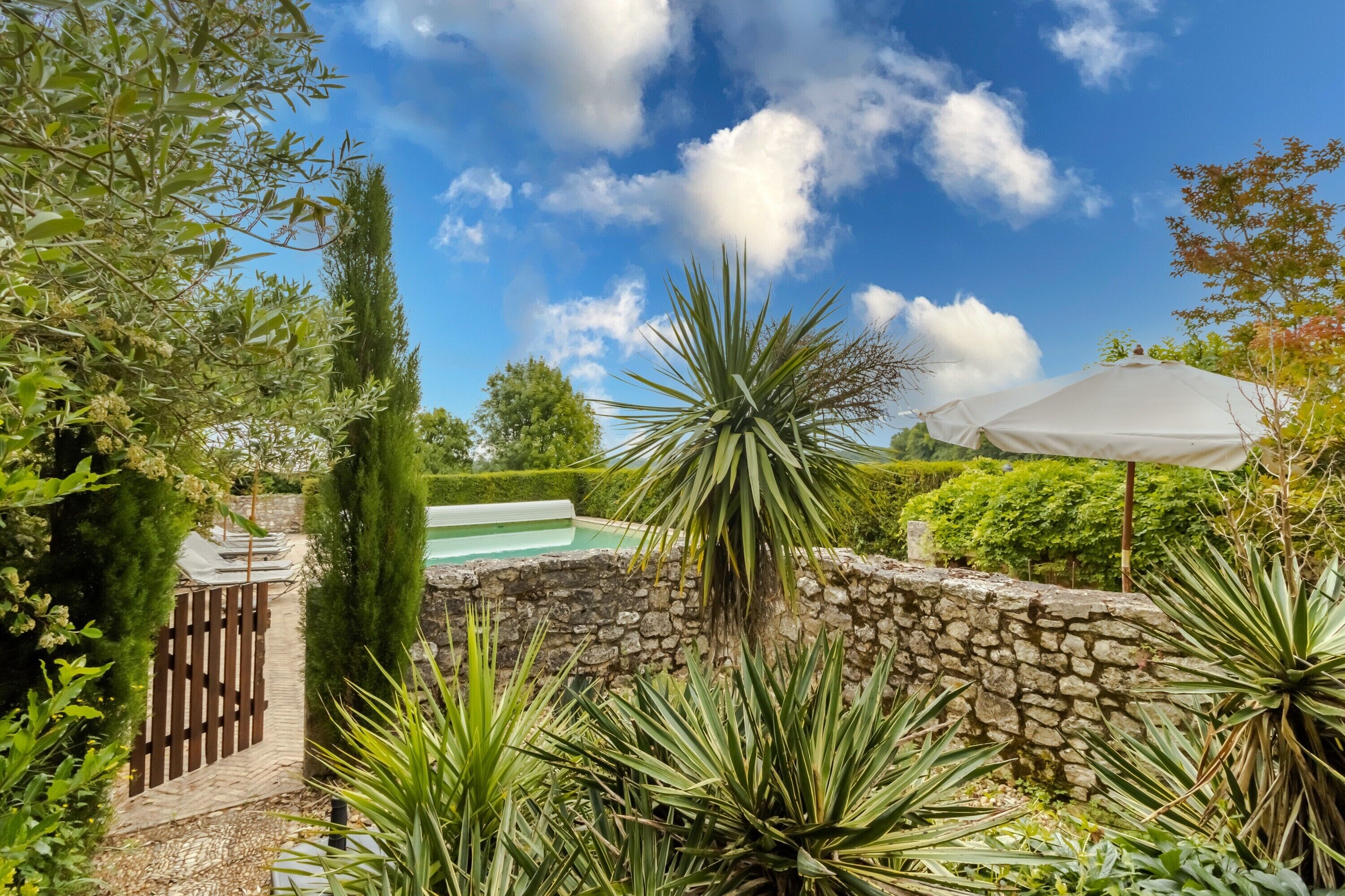 A stone wall, a pool, and lush greenery.