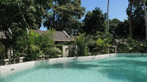 Une piscine aux eaux cristallines, entourée d’une végétation luxuriante, et un bâtiment doté d’un toit en pente.