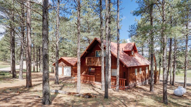 A cabin surrounded by tall pine trees, with a wooden deck and a large window overlooking the forest.