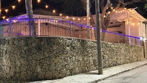 A stone wall with a metal railing, string lights, and a tree.