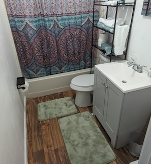 Shower, towels, toilet paper