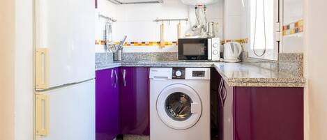 Fridge, microwave, coffee/tea maker, toaster