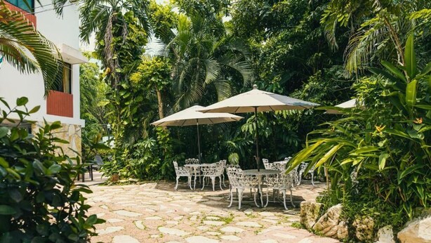 An outdoor patio with stone flooring, white metal chairs, and umbrellas. - Hotel Cañada Internacional (Palenque)