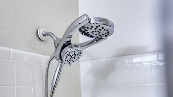 Hair dryer, towels, soap, toilet paper