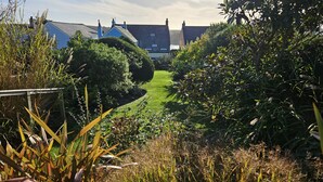 Un sendero que conduce a una zona residencial con casas y abundante vegetación.