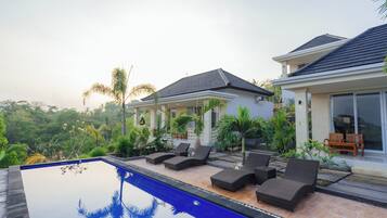 A modern house with a swimming pool, lounge chairs, and a patio area with plants.