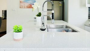 Eine moderne Küche mit Spüle aus Edelstahl, einer weißen Arbeitsplatte und einem Blumentopf.