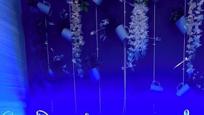 Une enseigne au néon indiquant « Restaurant », agrémentée de jardinières suspendues et d’objets décoratifs.