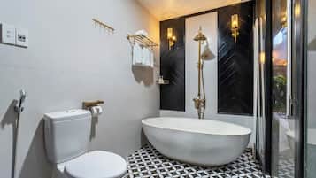 Hair dryer, bidet, towels, soap