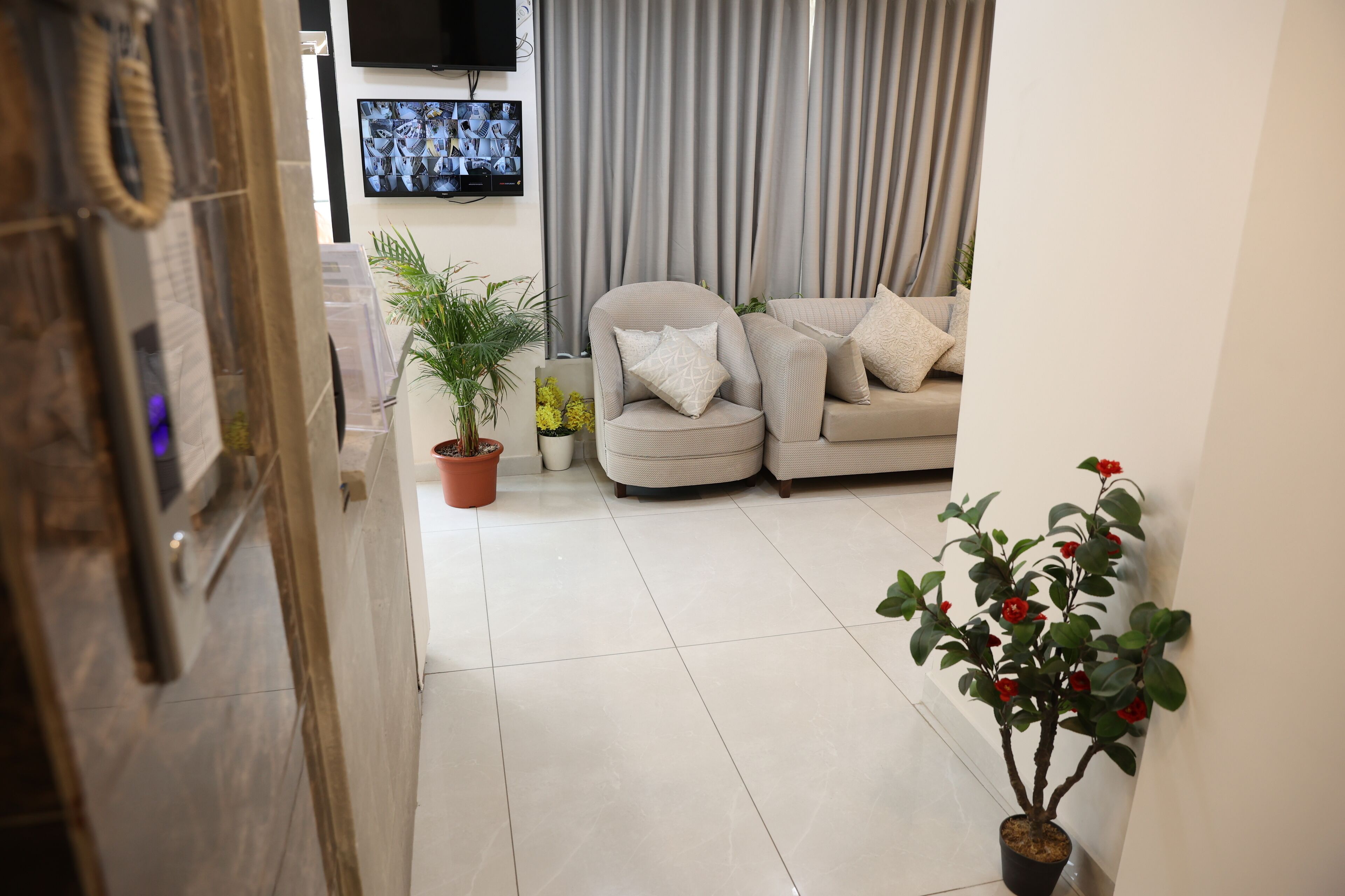 Een woonkamer met een beige bank, een aan de muur bevestigde televisie en een potplant.