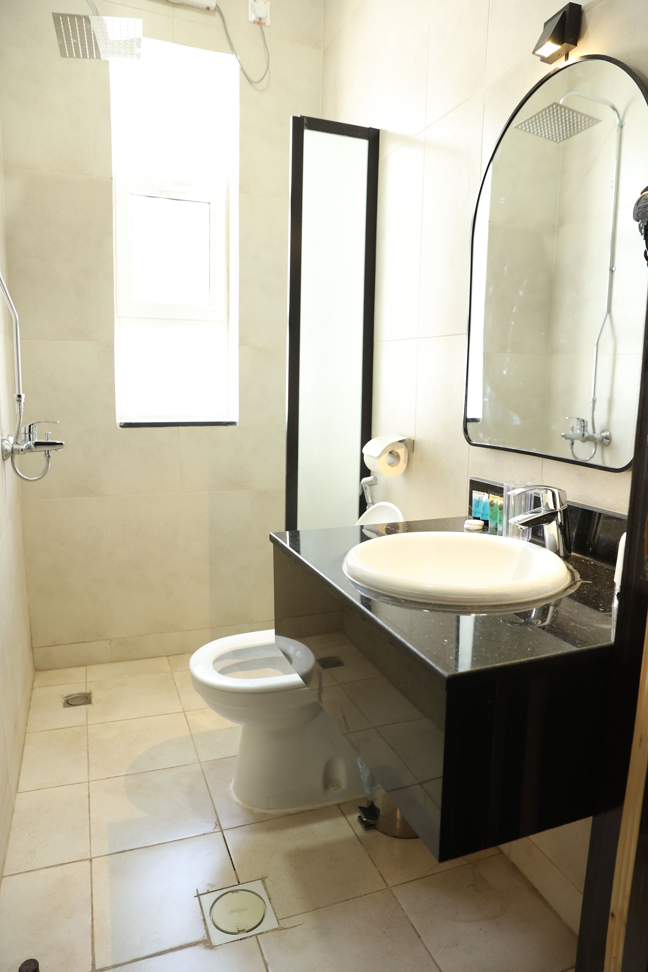 Hair dryer, slippers, towels, soap