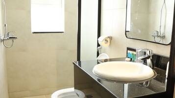 Hair dryer, slippers, towels, soap