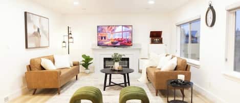 Smart TV, fireplace, books