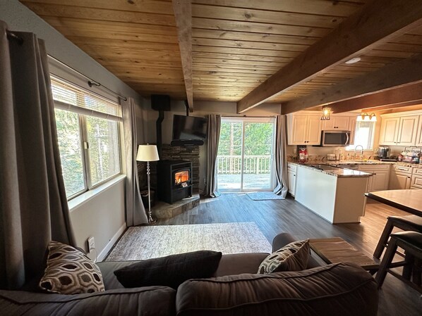 Smart TV, fireplace, DVD player, books