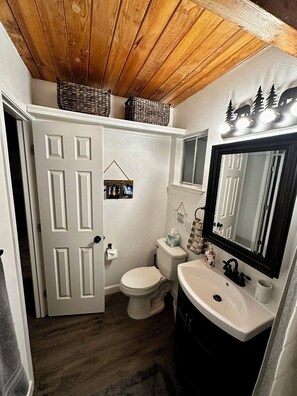 Une petite salle de bain avec un plafond en bois, des toilettes blanches, un lavabo avec un miroir et une petite fenêtre.