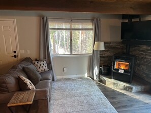 Smart TV, lareira, DVD player, livros