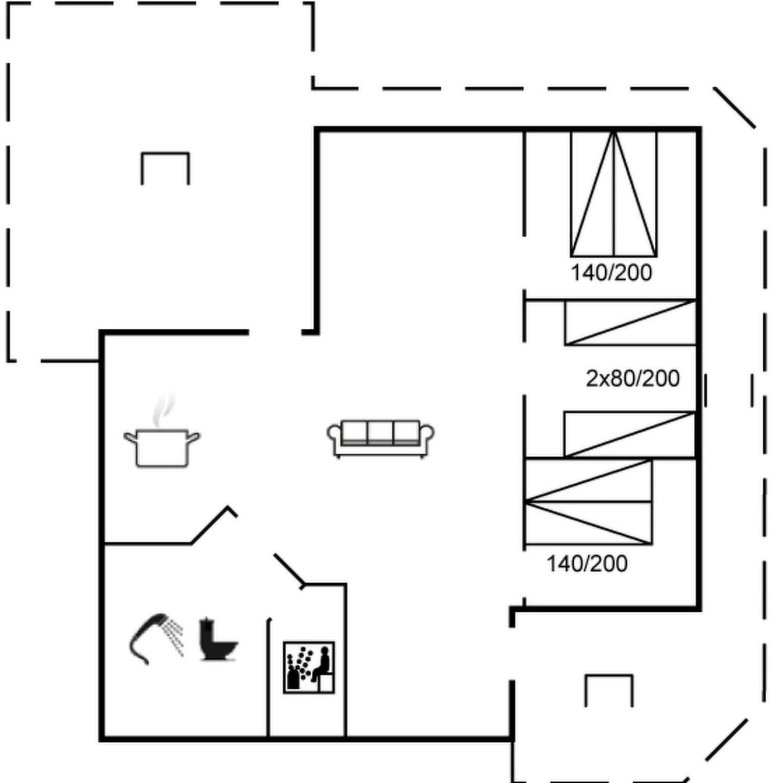 Ein Grundriss mit einer Küche, einem Badezimmer und einem Wohnbereich.