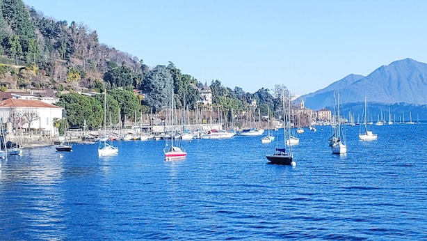 A marina with boats docked, a mountainous backdrop, and buildings along the waterfront.