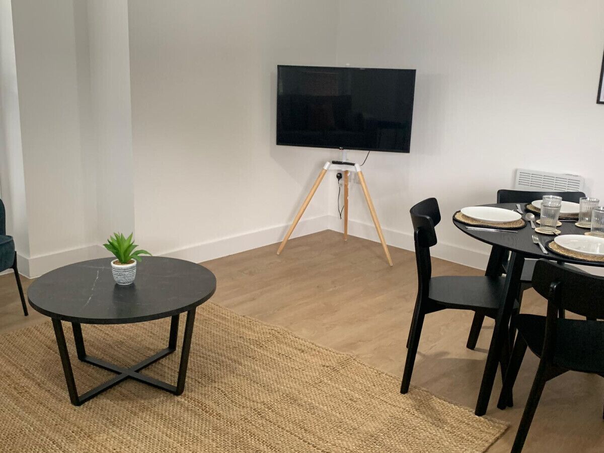 A dining area with a round table, chairs, a television on a tripod stand, and a small potted plant.