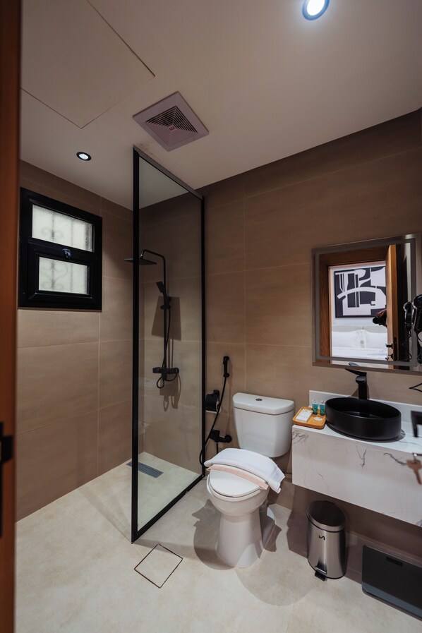 Hair dryer, bathrobes, slippers, towels