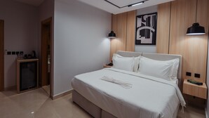 Een moderne slaapkamer met een groot bed, een nachtkastje, een wandlamp en een verlichtingsarmatuur aan het plafond.