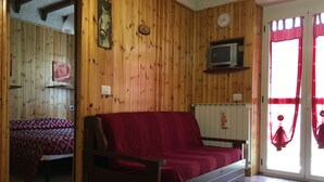 Ein Holzinterieur mit einer Couch, einem Bett, einem Fernseher und einer Wanduhr.