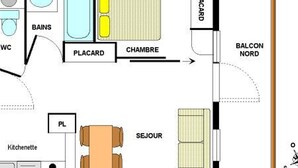 A hotel room layout with a bathroom, a living area, a bedroom, and a balcony.
