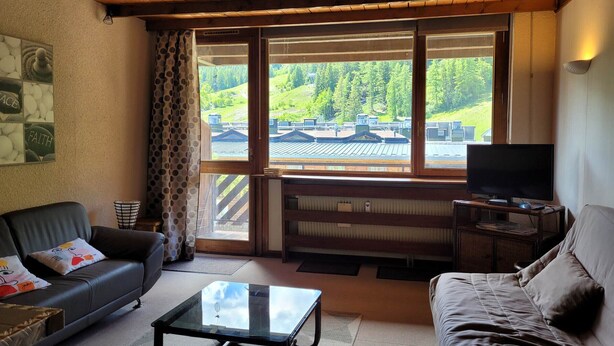 A cozy living room with a sofa, a coffee table, and a TV. Large windows offer a view of a forested area. - Renovated studio for 4, south, near slopes and mall (Pra-Loup)