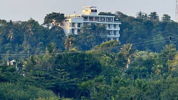 A multi-story building with balconies, surrounded by dense greenery and palm trees.