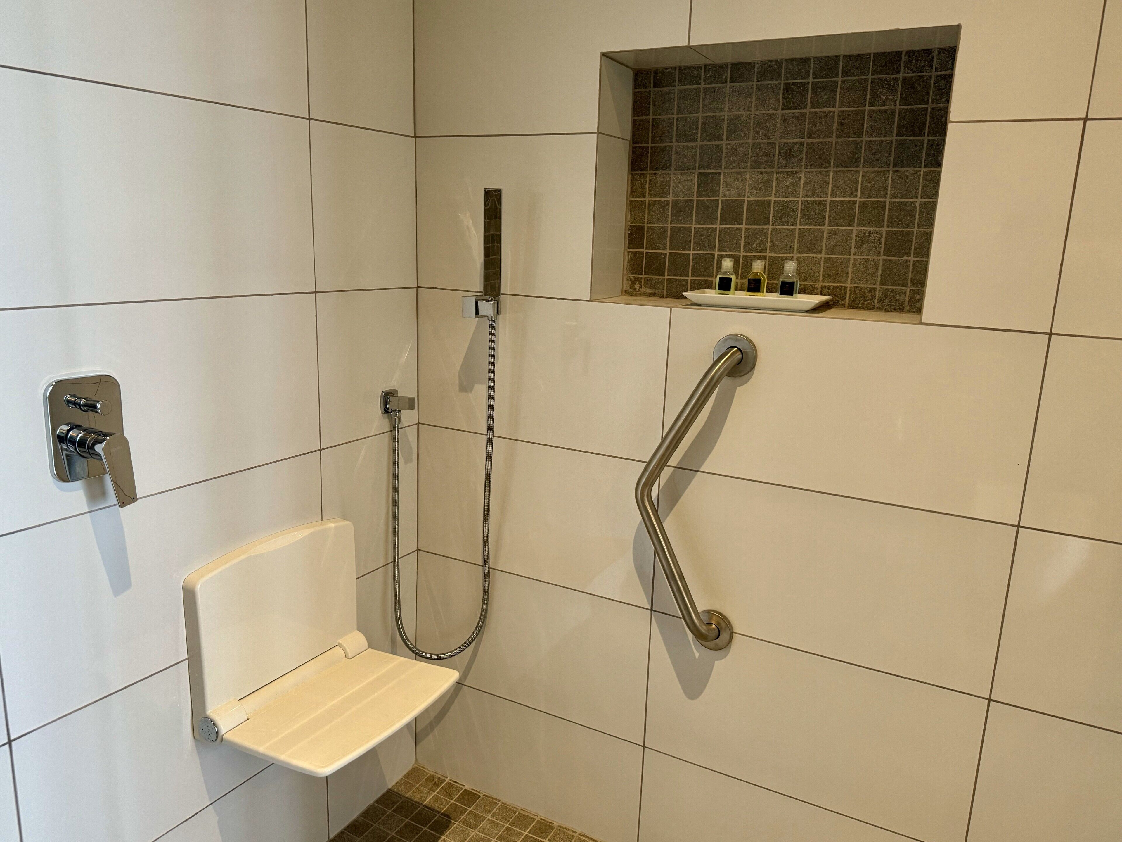Zona de ducha con barra de apoyo, cabezal de ducha de mano y una pequeña repisa con artículos de aseo.