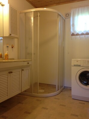 Shower, towels, toilet paper