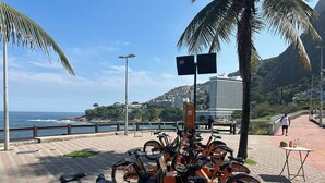 Ein gepflasterter Weg mit einer Reihe orangefarbener Fahrräder am Rand, einer Palme und im Hintergrund Meer und Gebäude.