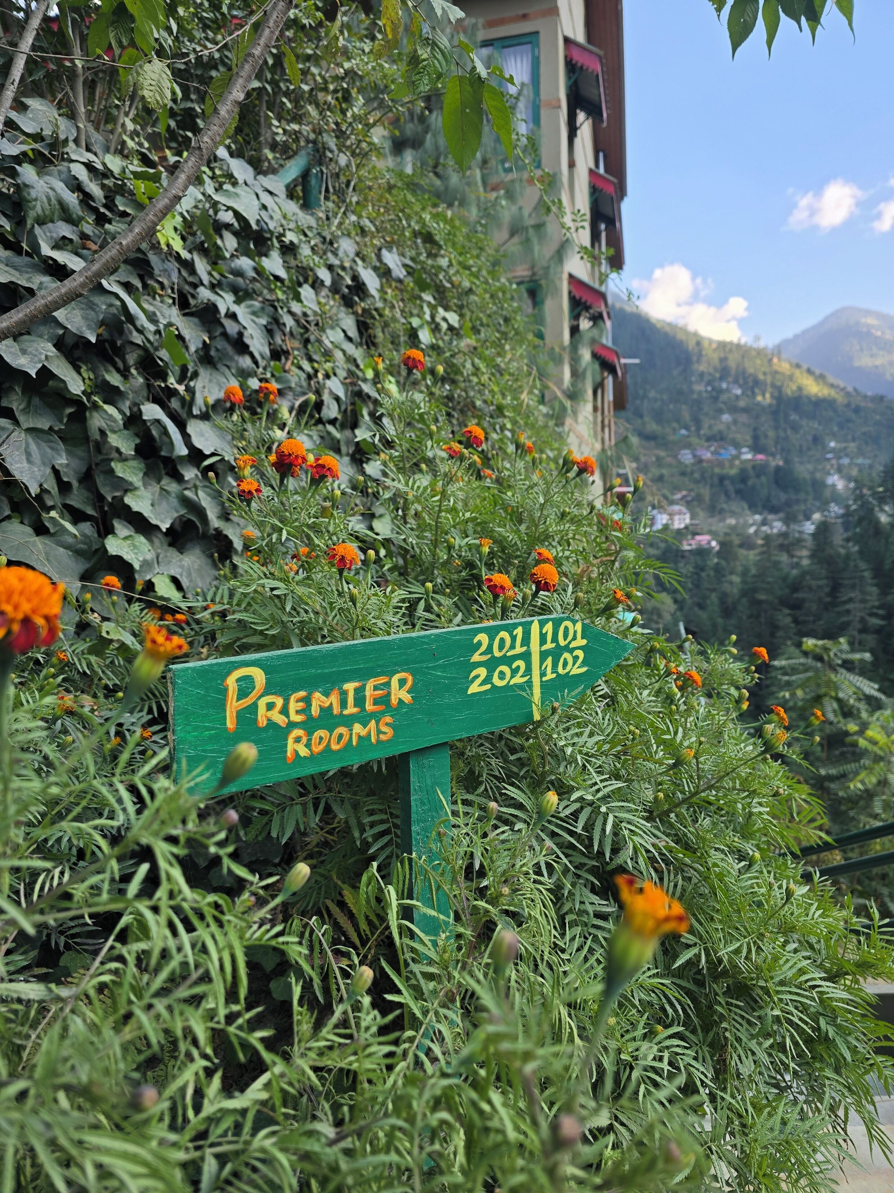 A sign for "Premier Rooms" with room numbers 201, 101, 202, and 102.