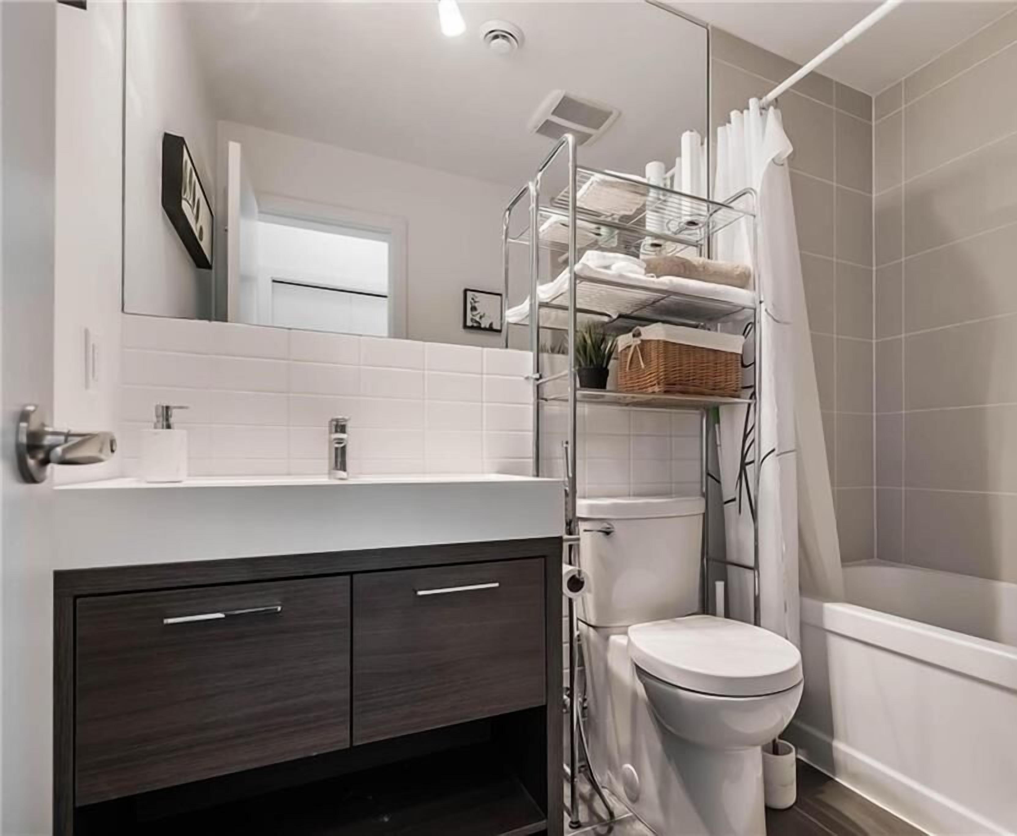 Hair dryer, towels, soap, toilet paper