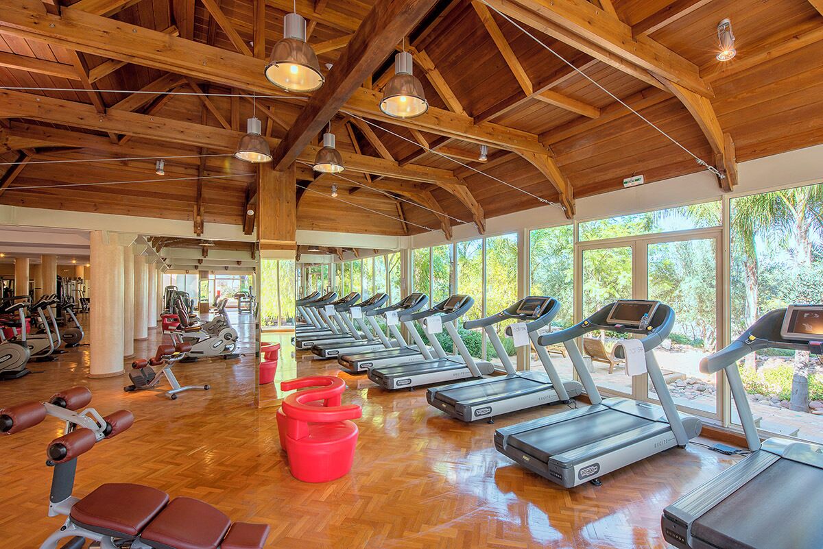 A gym with treadmills, exercise equipment, and large windows.