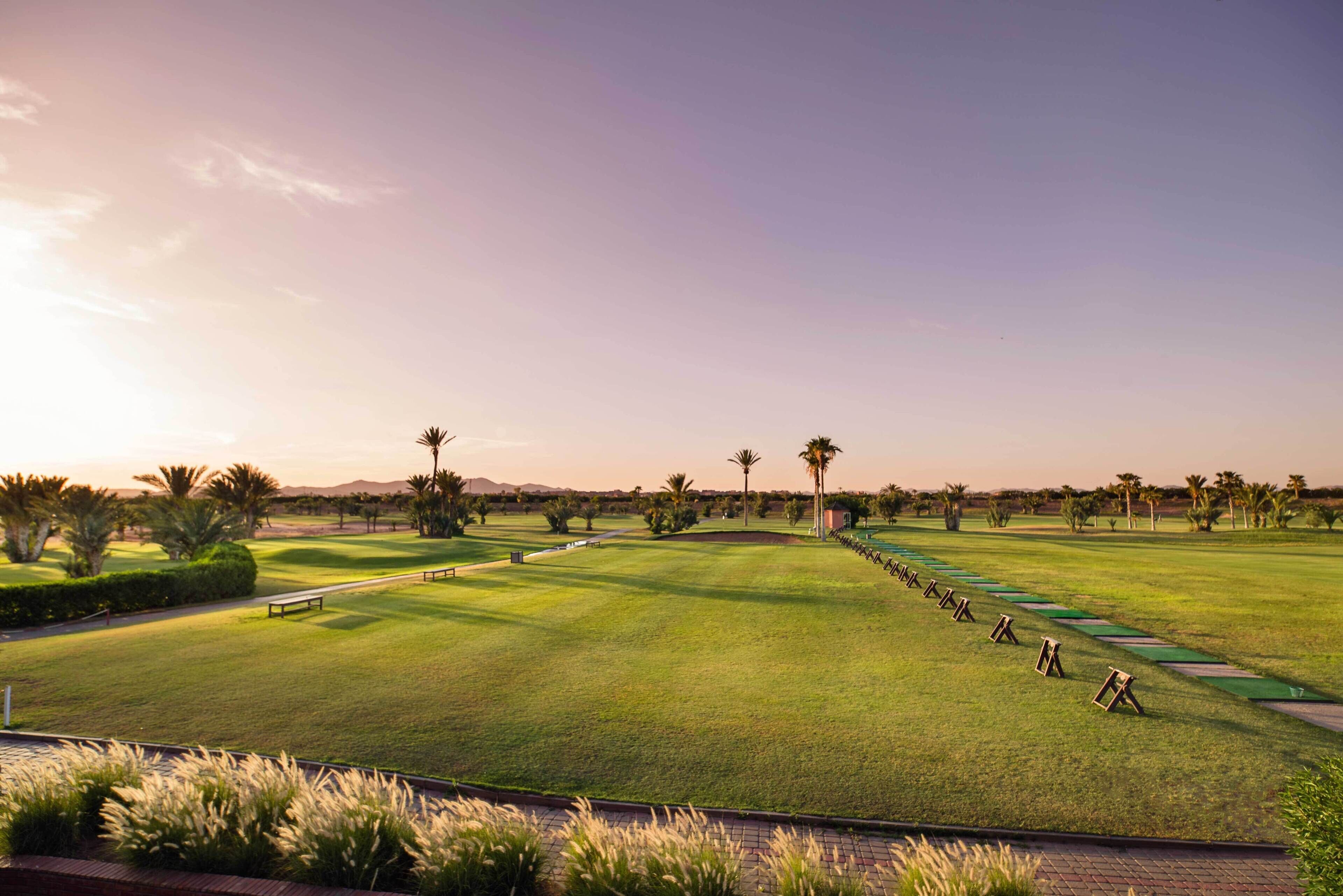 Un parcours de golf avec une pelouse bien entretenue, des palmiers et un ciel dégagé.