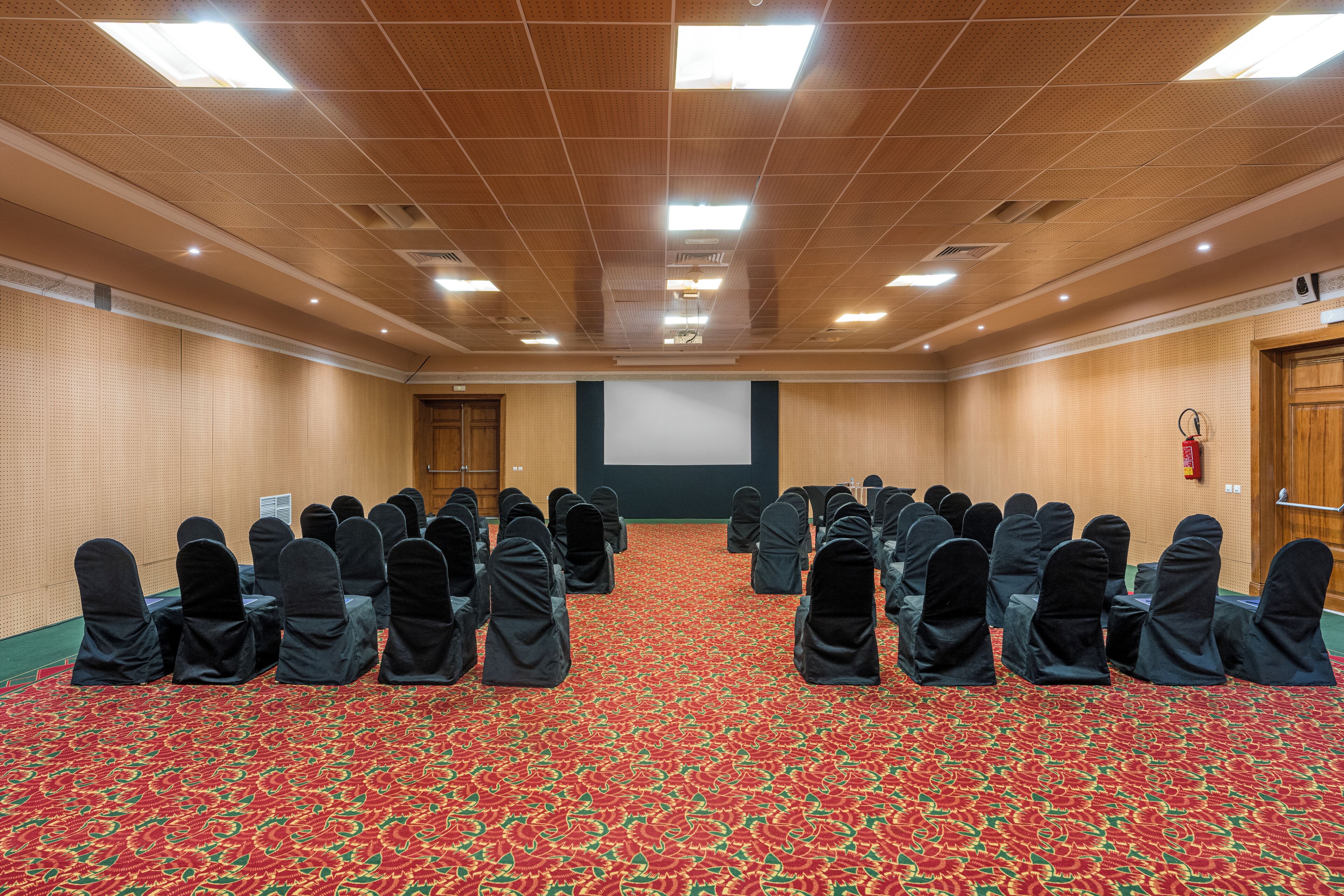 Un salón de conferencias con filas de sillas, una pantalla de proyector y suelo alfombrado.