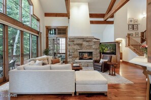 Smart TV, chimenea, monitor de computadora y impresora