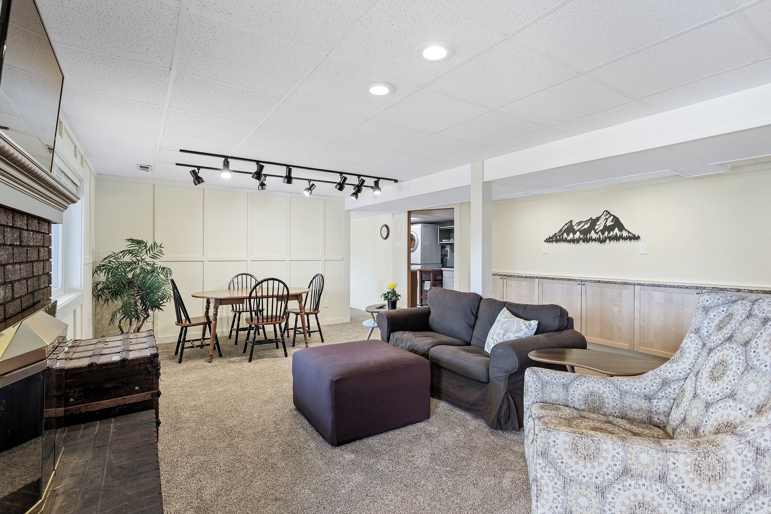 Smart TV, fireplace, books, computer monitors