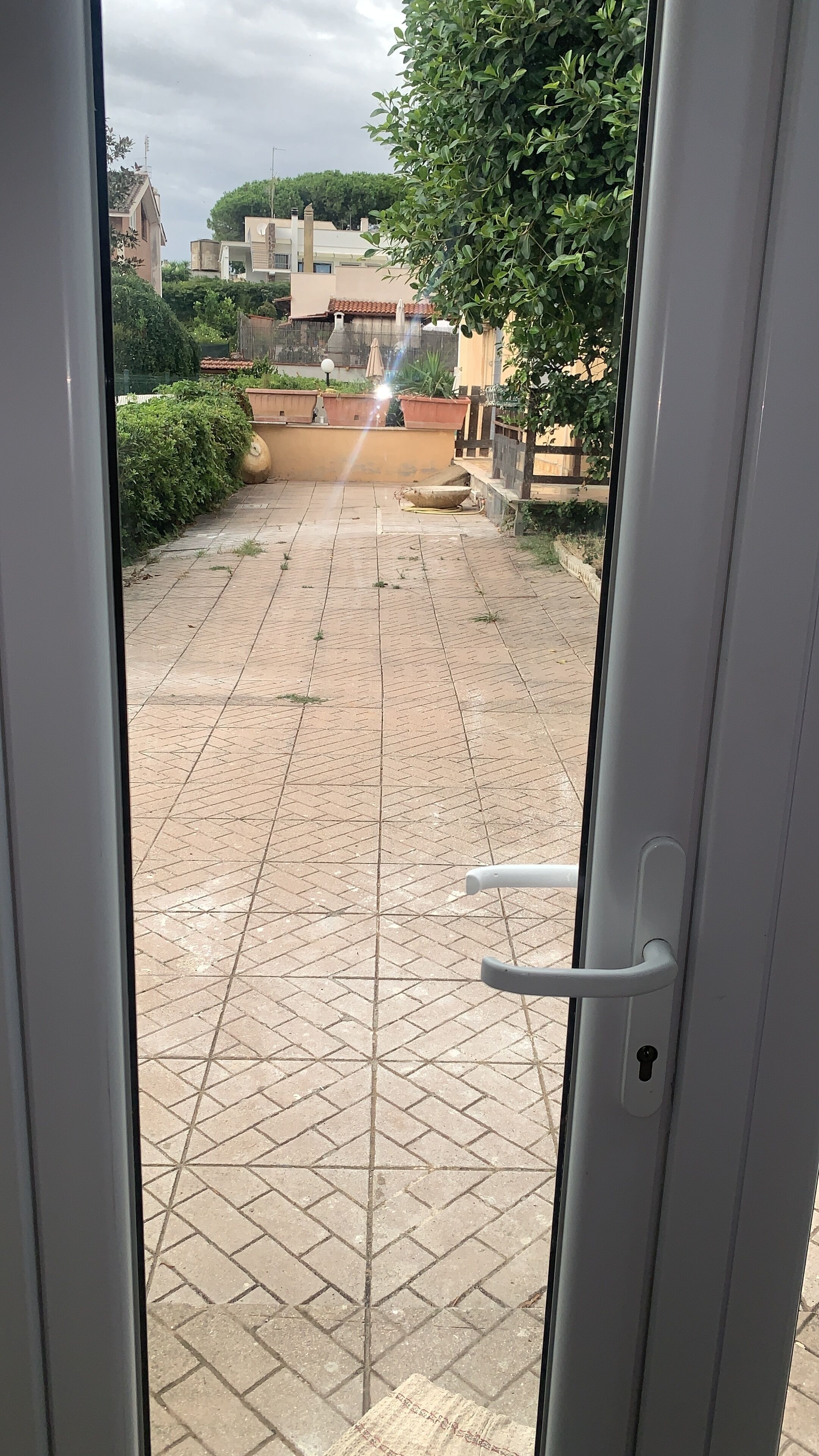 A view through a glass door of a courtyard with tiled flooring, potted plants, and a wooden fence.