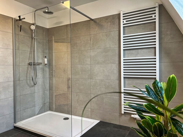 Shower, hair dryer, towels, soap
