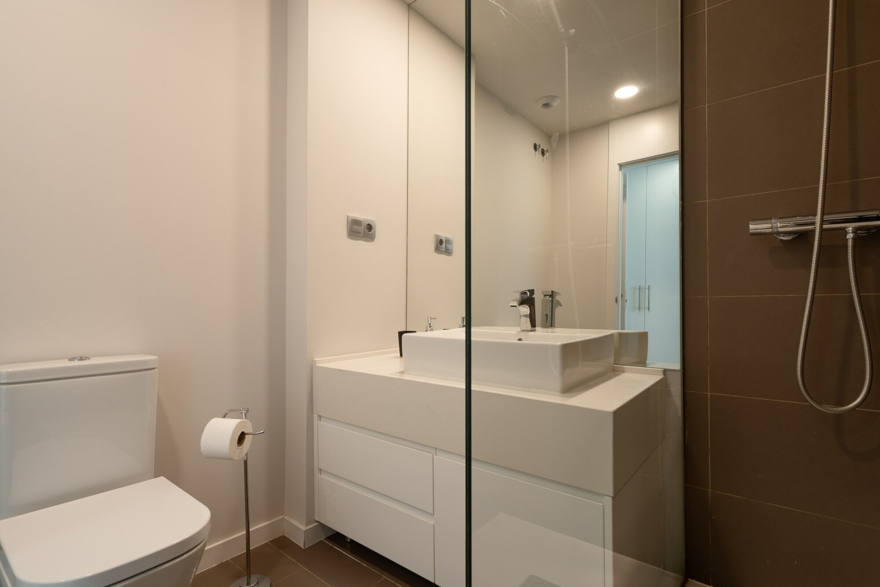 Une salle de bain moderne avec des toilettes, une douche à l’italienne en verre et un lavabo blanc avec un miroir au-dessus.