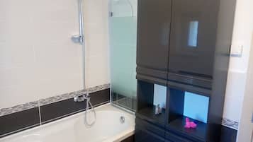 Hair dryer, towels, soap, toilet paper