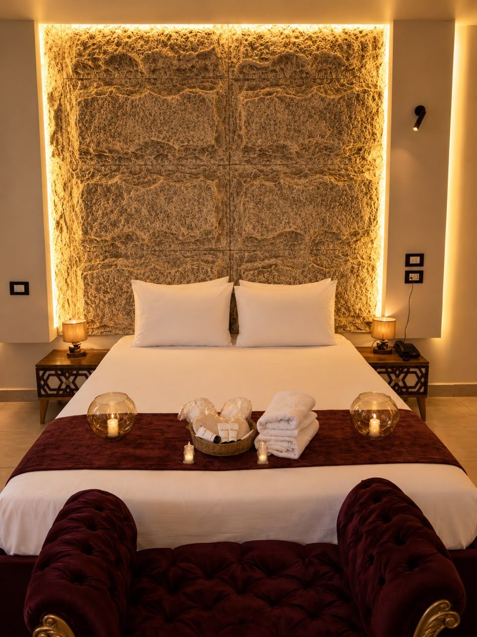 A hotel room with a large bed, two bedside tables, a stone wall, and a red upholstered headboard.