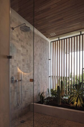 Shower, towels, soap, toilet paper